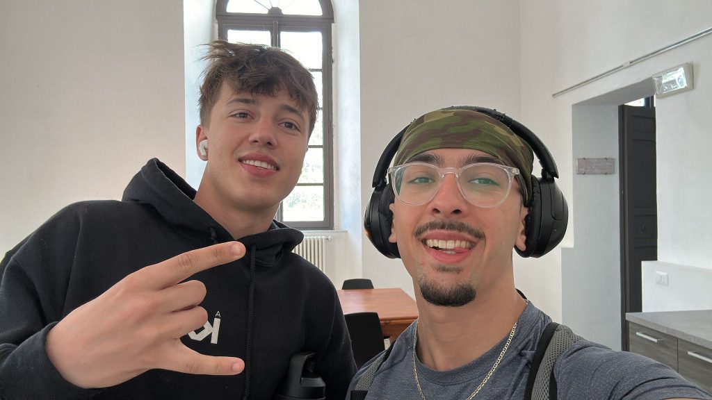 From left to right, Grant and Sayyid posing together in the student kitchen at the school building